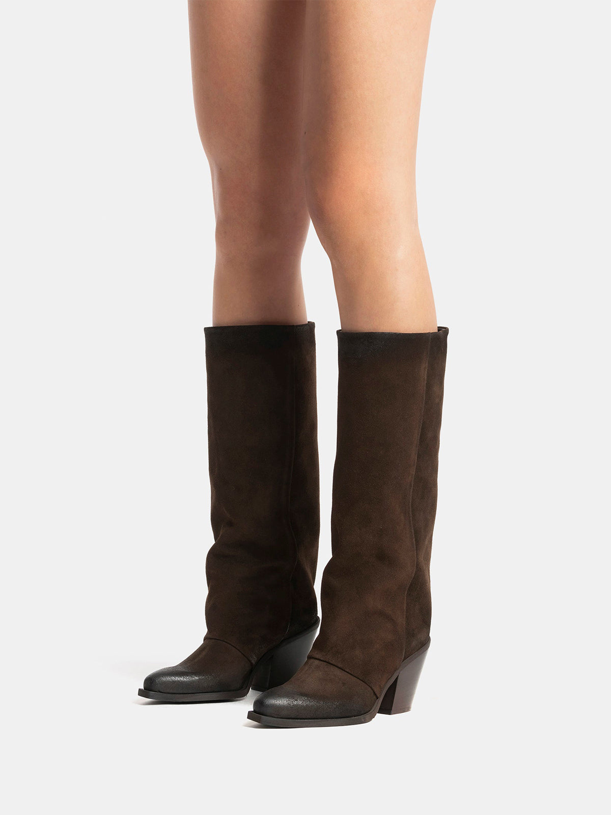 Dark Brown Faux Suede Snip-Toe Simple Wide Calf Knee High Classic Cowgirl Boots
