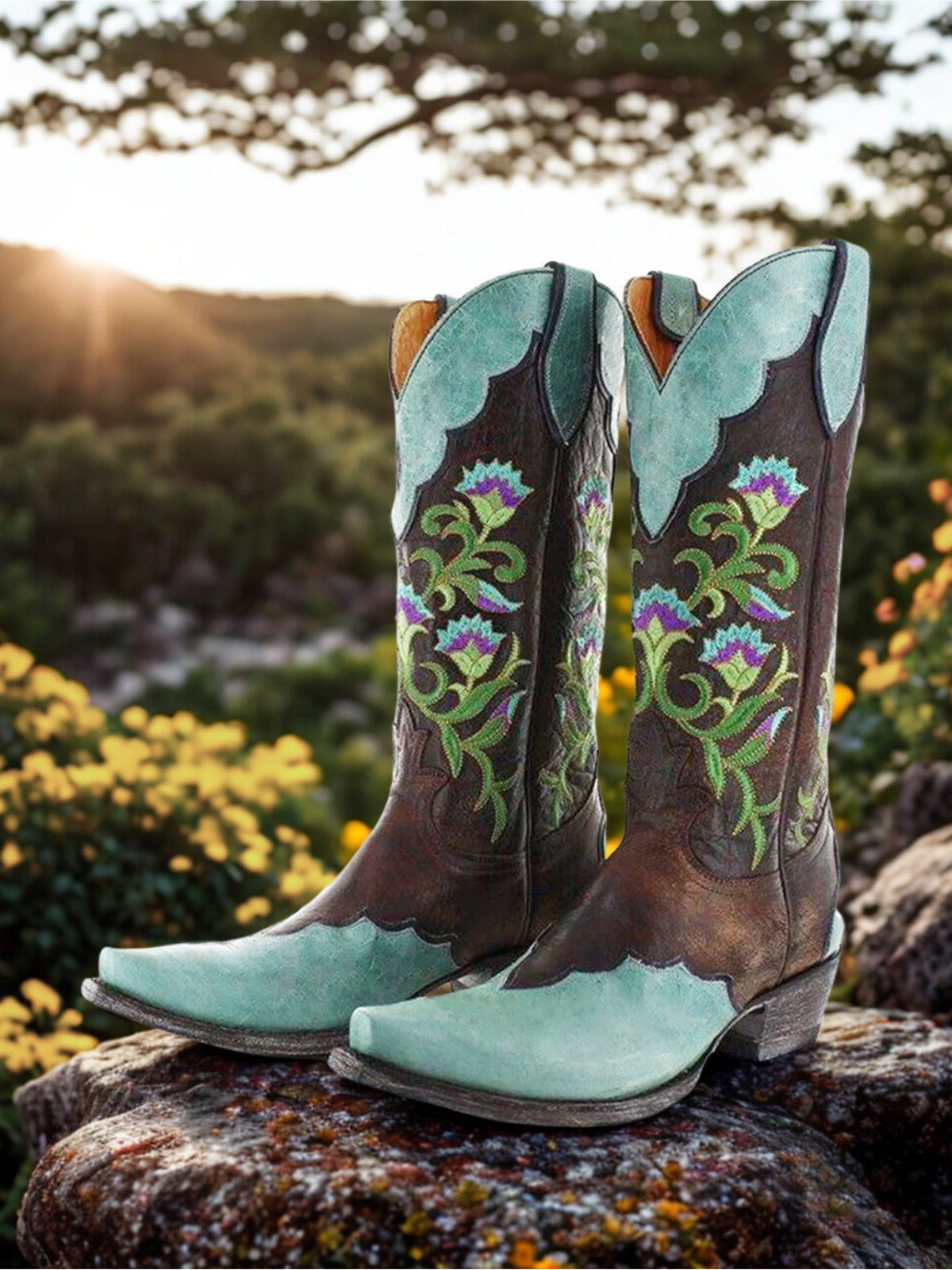 Contrast Brass And Turquoise Snip-Toe Colorful Flowers Embroidery Mid Calf Cowgirl Boots