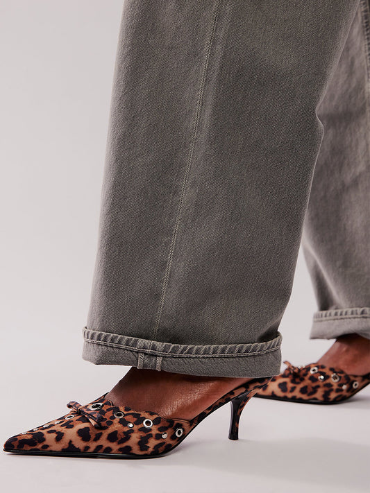 Leopard Faux Suede Pointed-Toe Front Knot And Studs And Eyelets Kitten Heels