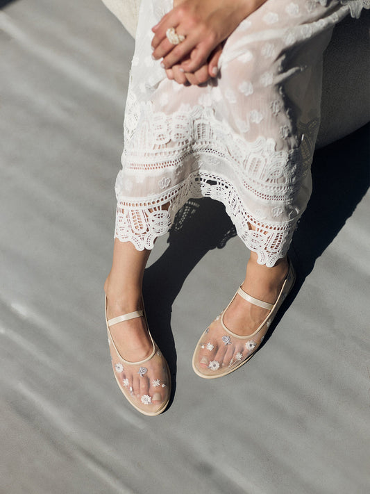 Nude Mesh Round-Toe Wildflowers Embroidery Mary Jane Ballet Flats