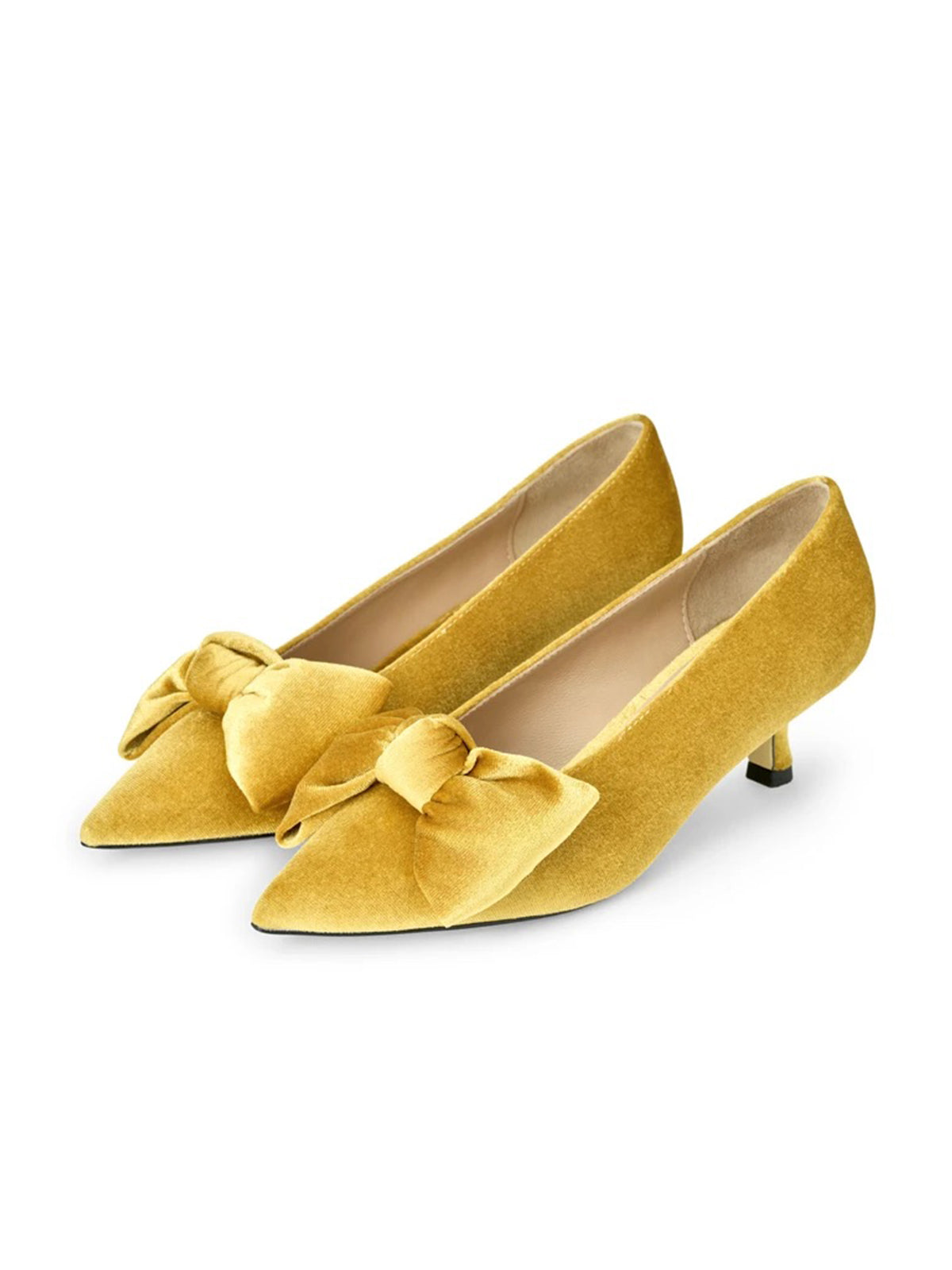 Yellow Velvet Pointed-Toe Front Oversized Bow Slip-On Kitten Heels