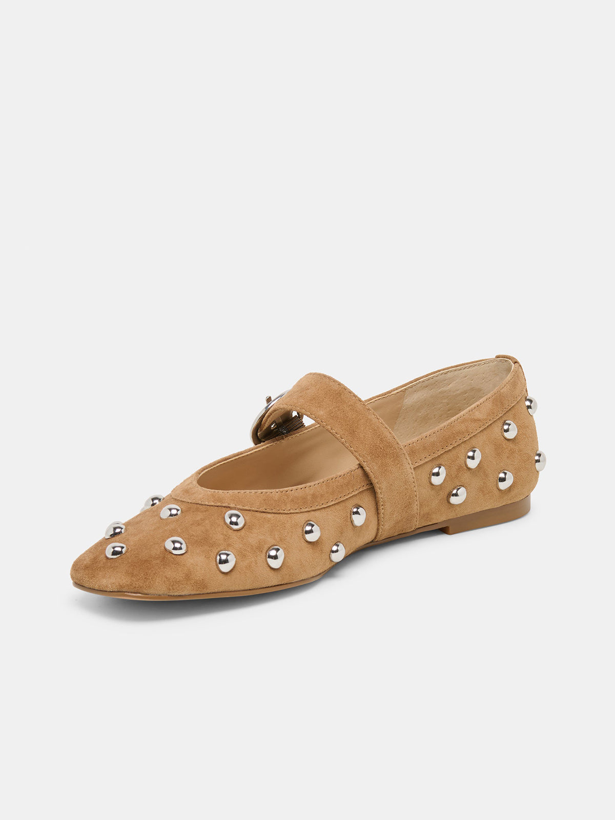 Brown Faux Suede Square-Toe Studs And Mary Jane Ballet Flats