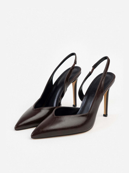 Brown Pointed-Toe Concise Slingback High Heels