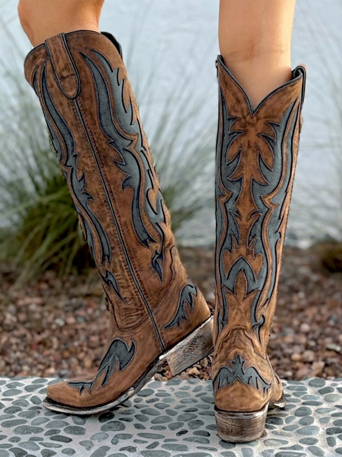 Distressed Cinnamon Snip-Toe Turquoise Inlays Full-Zip Knee High Cowgirl Boots