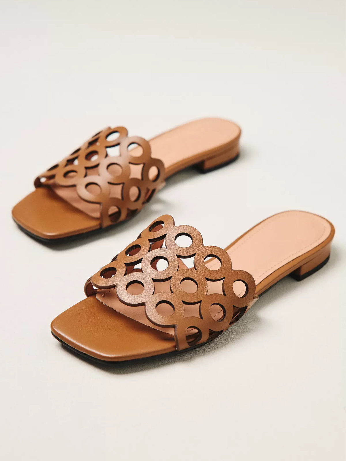 Camel Square-Toe Cutout Slide Backless Sandals Flats