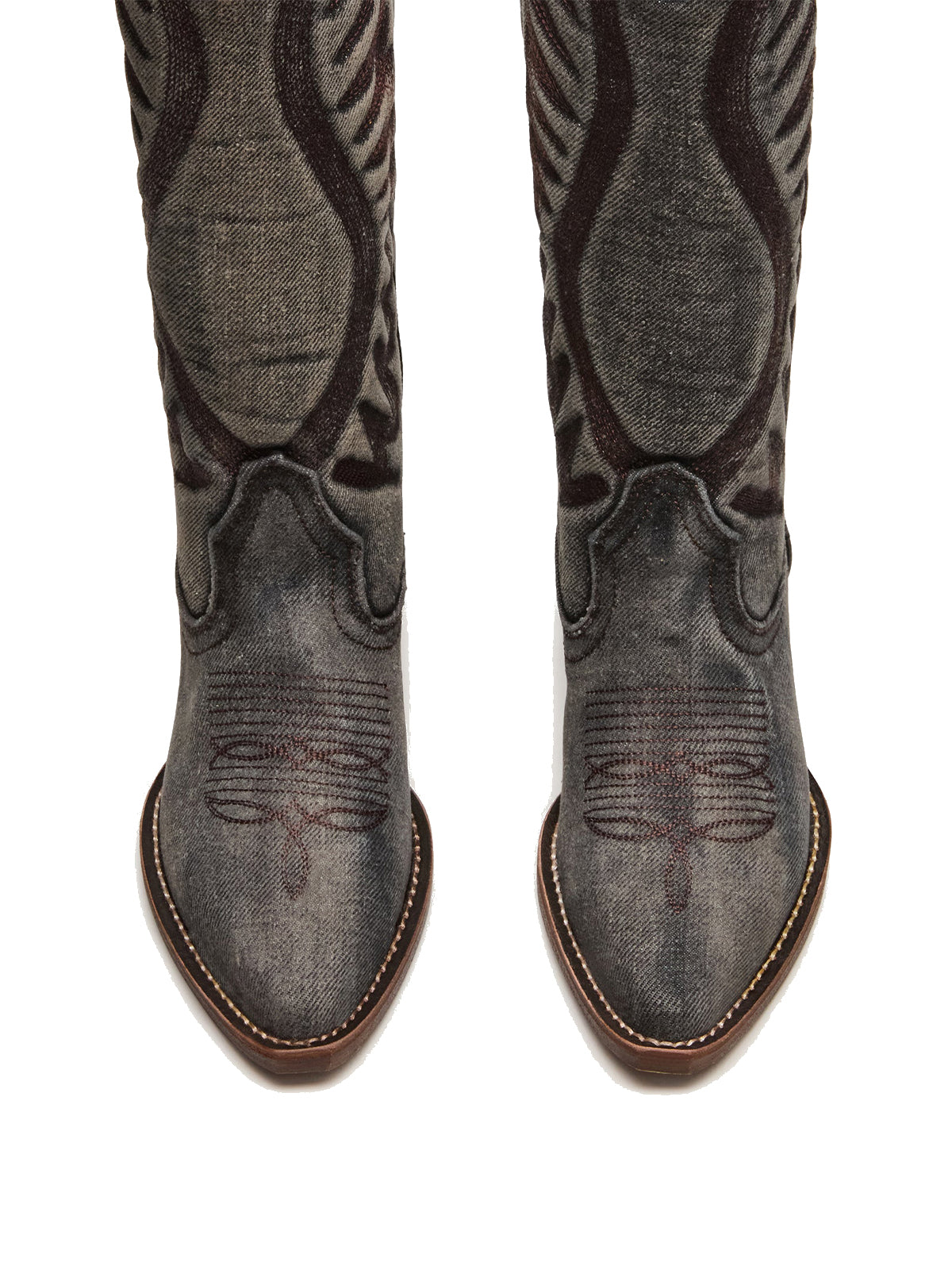 Dark Gray Denim Pointed-Toe Wings Embroidery Mid Calf Cowgirl Boots