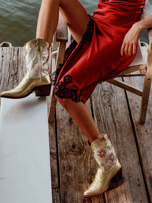 Metallic Gold Almond-Toe Holiday Inaly Mid Calf Cowgirl Boots