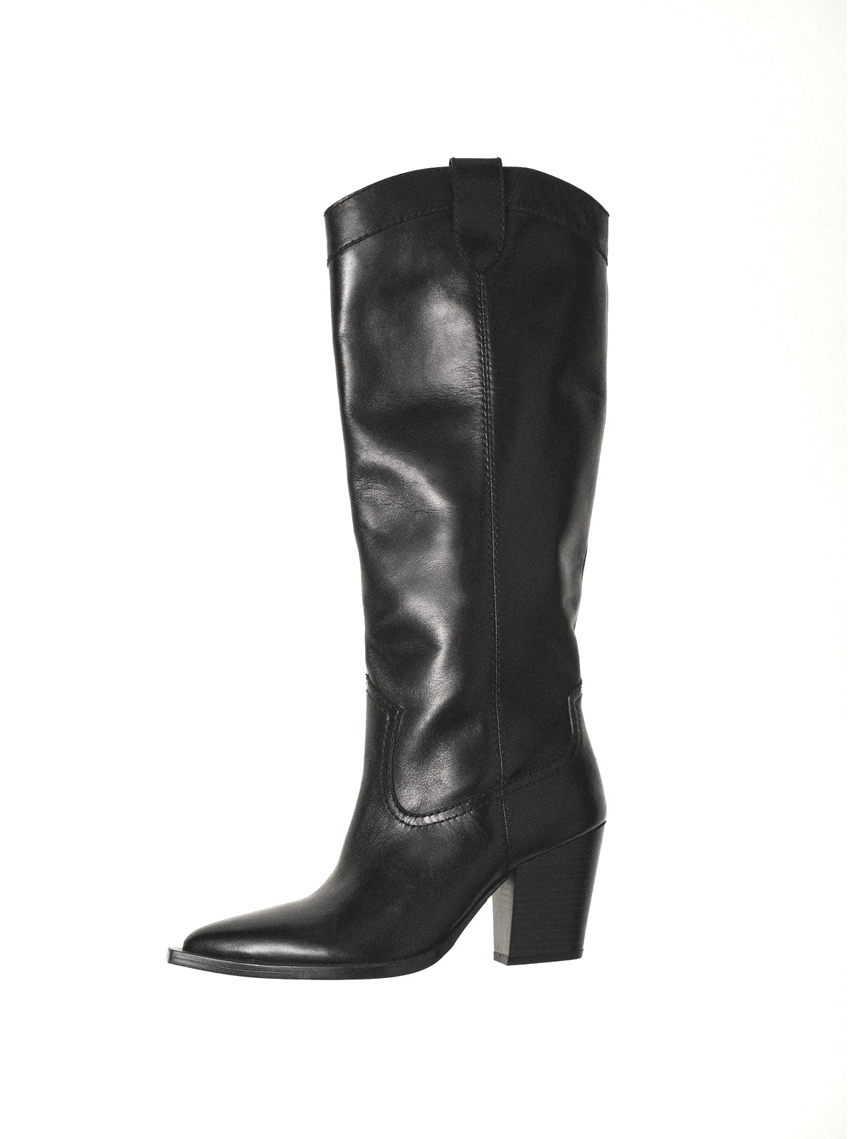 Black Pointed-Toe Knee High Simple Wide Calf Cowgirl Boots