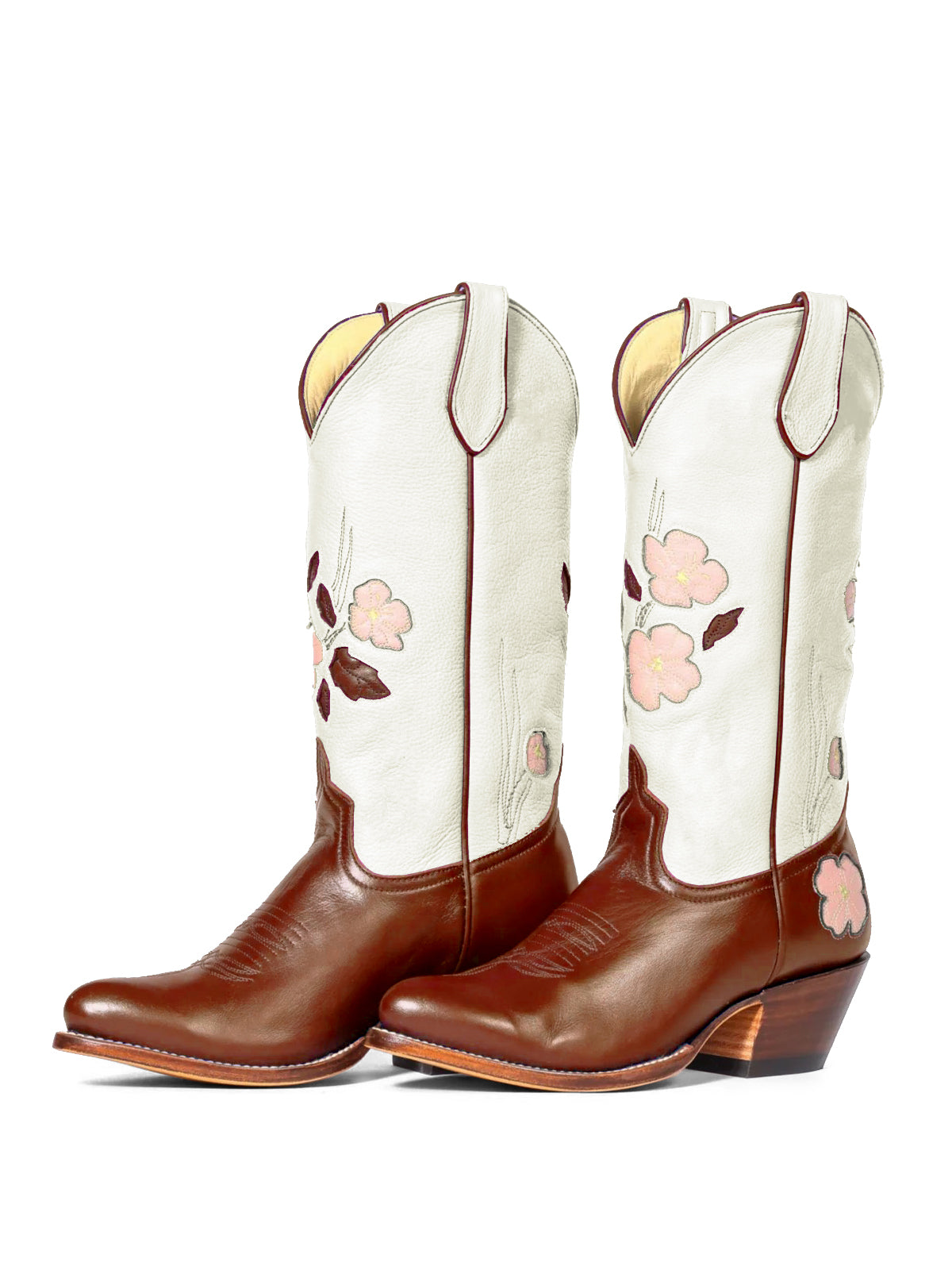 Contrast White And Brown Almond-Toe Fresh Flower Inlay Mid Calf Cowgirl Boots