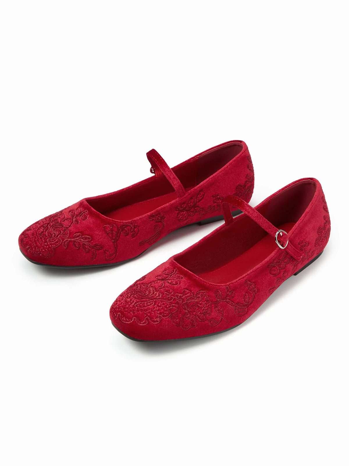 Red Velvet Square-Toe Chic Mary Jane Ballet Flats