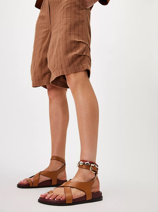 Cognac Round-Toe Criss-Cross And Ankle Straps Footbed Sandals