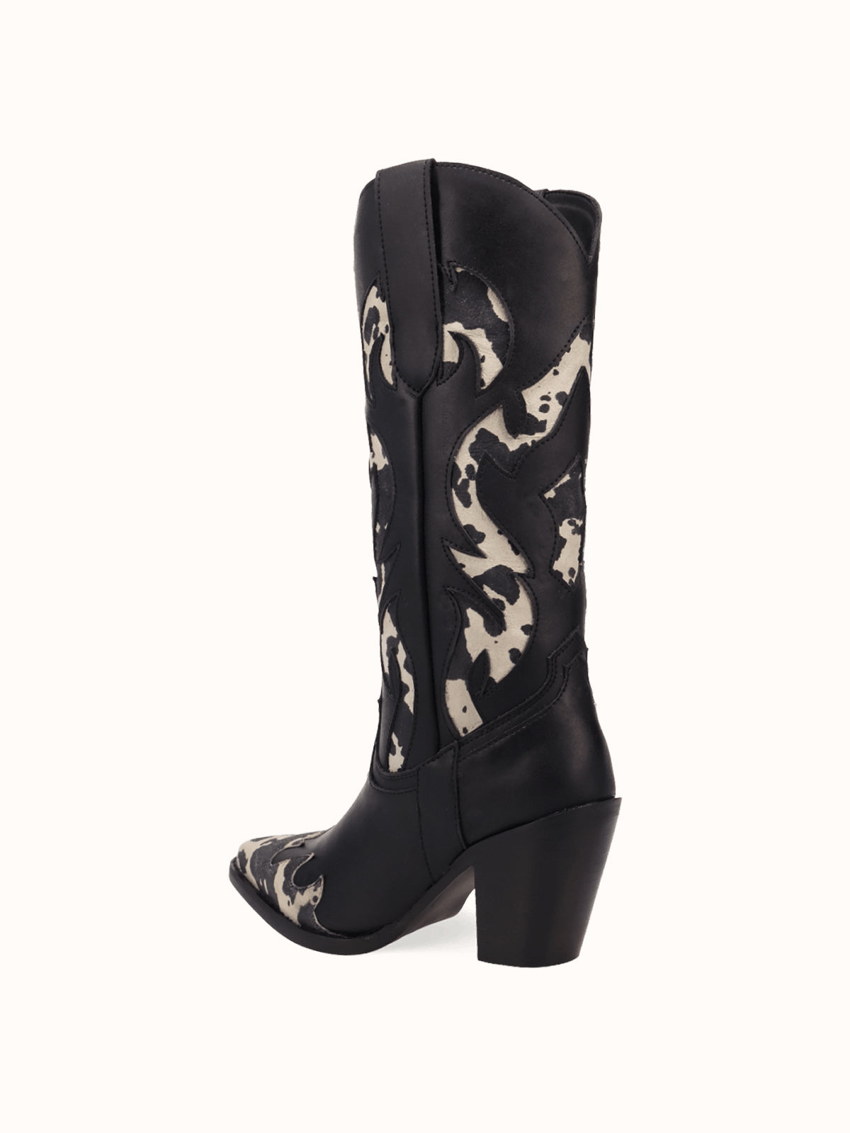 Contrast Black And Cow Pattern Snip-Toe Mid Calf Cowgirl Boots