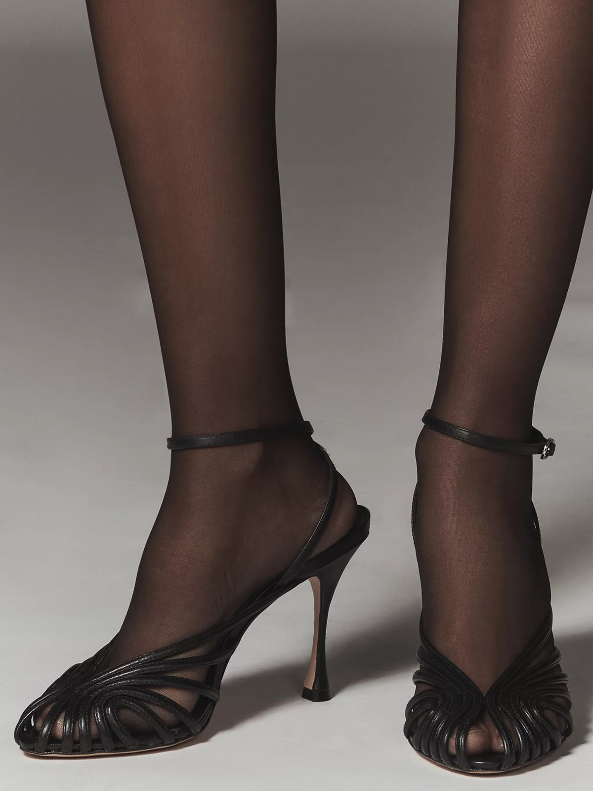 Black Peep Pointed-Toe Slingback And Buckle Ankle Strap High Heels