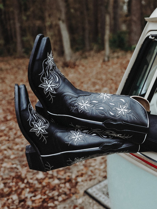 Black Snip-Toe Floral Embroidery Mid Calf Cowgirl Boots