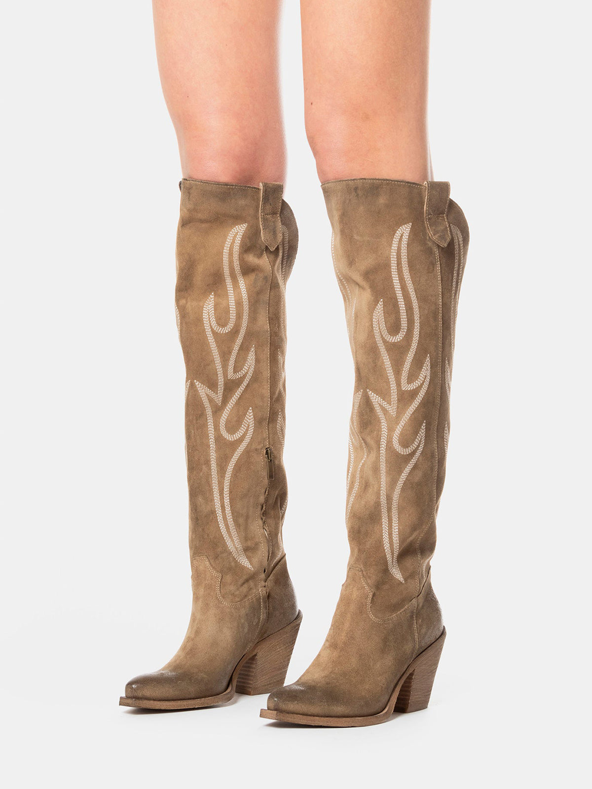 Taupe Faux Suede Snip-Toe Half-Zip Chic Embroidery Knee High Cowgirl Boots