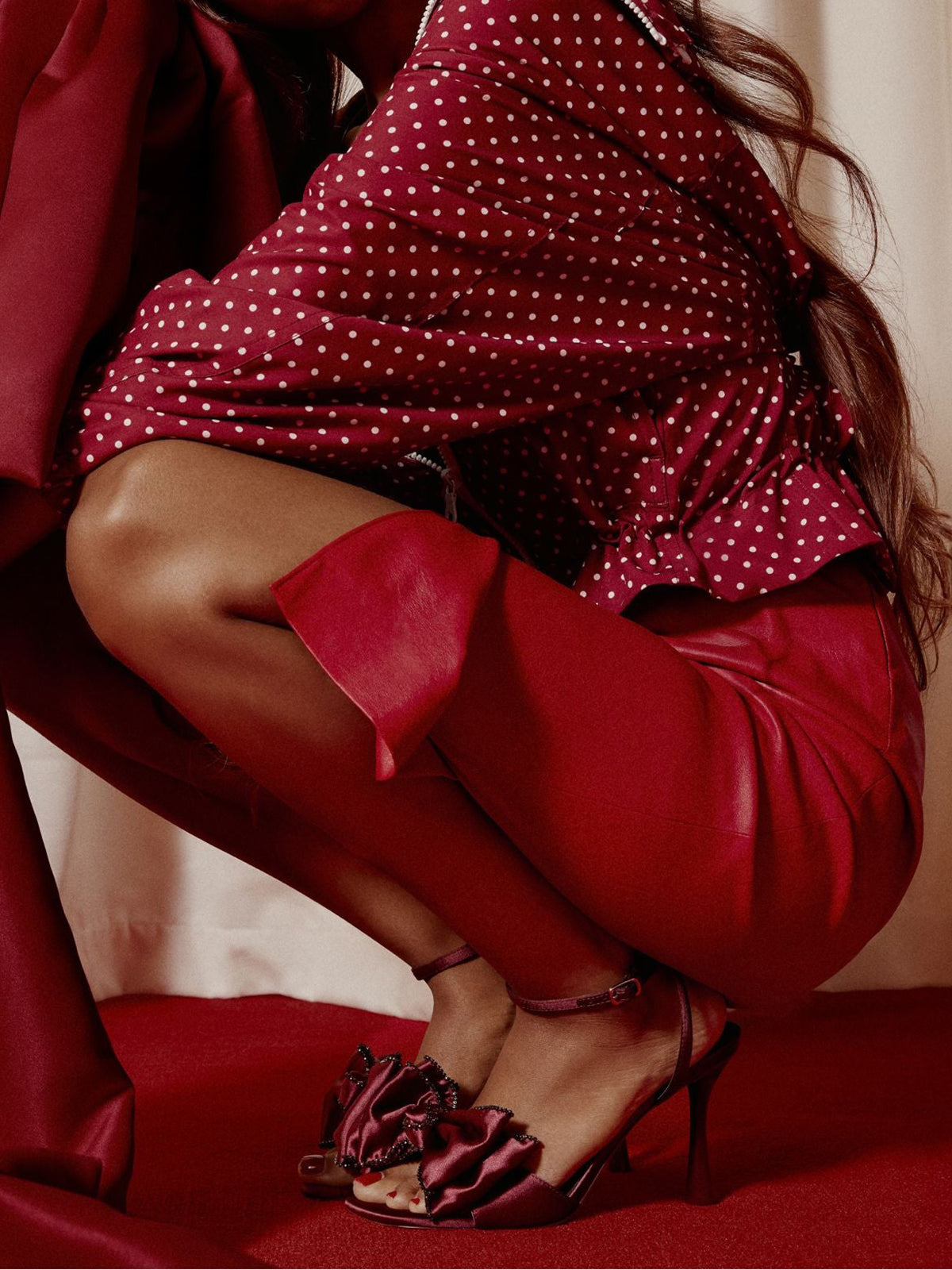 Burgundy Satin Square-Toe Front Bow Slingback Ankle Strap High Heels