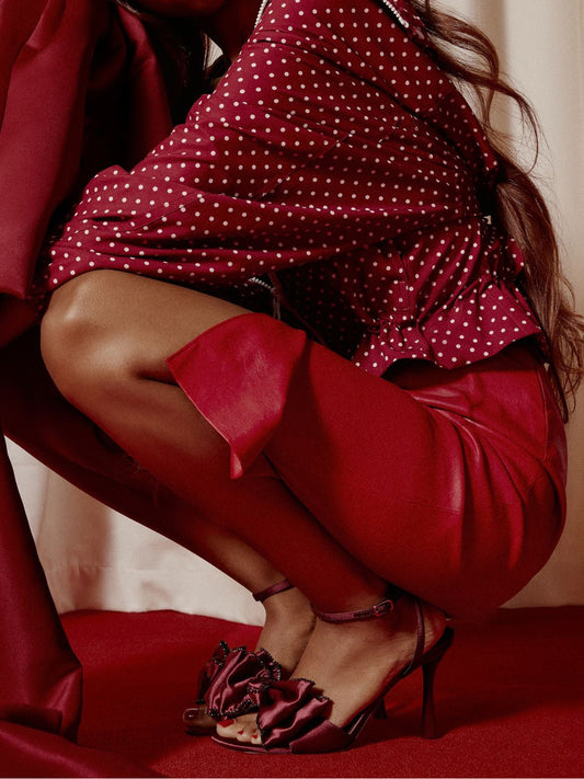 Burgundy Satin Square-Toe Front Bow Slingback Ankle Strap High Heels