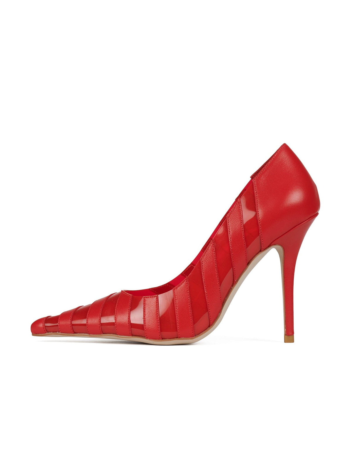 Red Contrast Vegan Leather And PVC Film Pointed-Toe Slip-On High Heels