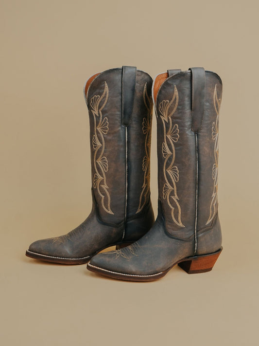 Dark Gray Almond-Toe Fan-Shaped Embroidery Wide Knee High Cowgirl Boots