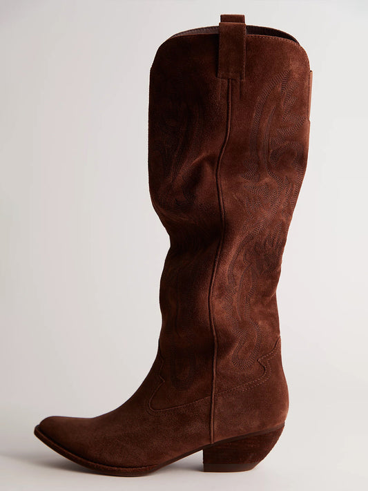 Brown Faux Suede Pointed-Toe Embroidery Wide Calf Knee High Cowgirl Boots For Women