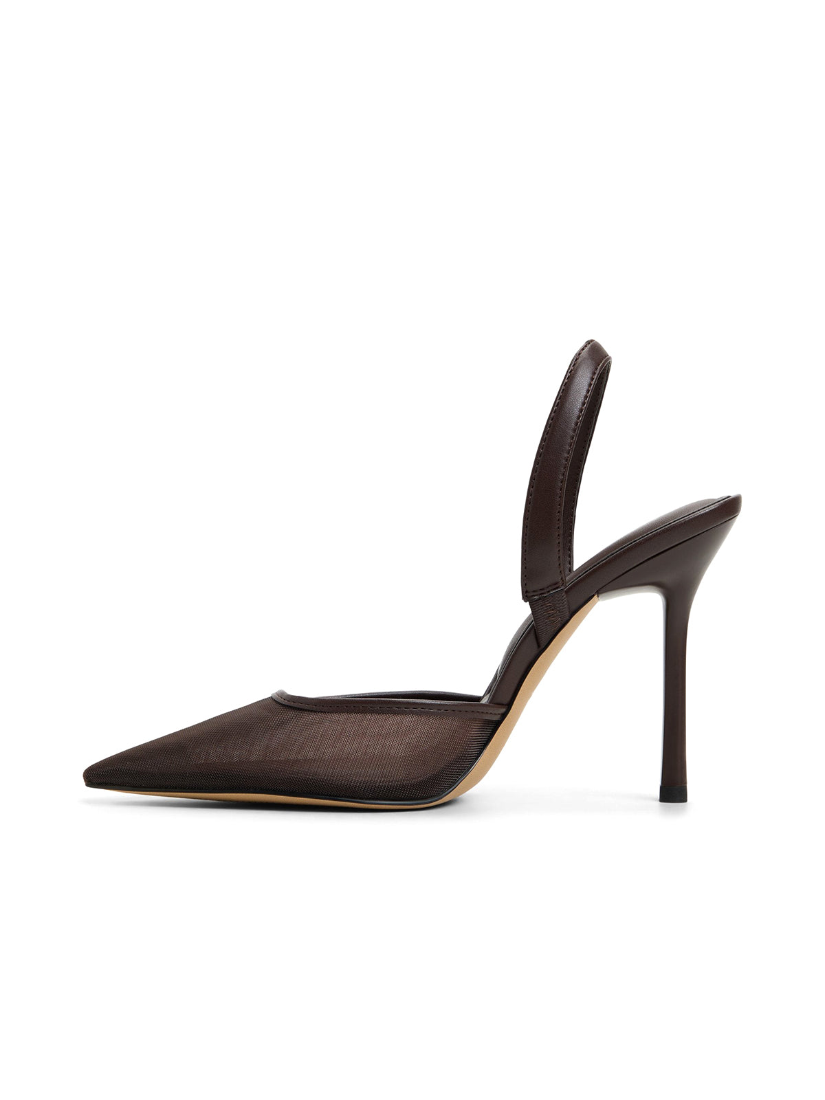 Dark Brown Mesh Pointed-Toe Slip-On Slingback High Heels