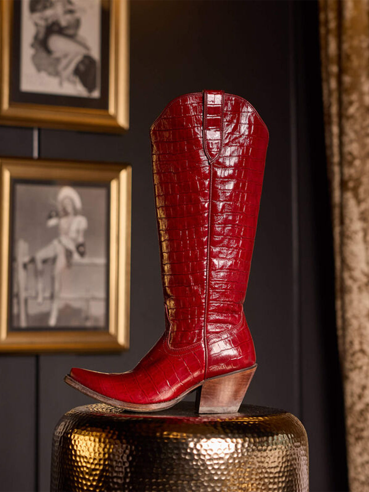 Dubonnet Crocodile Print Pointed Toe Western Cowgirl Knee High Boots