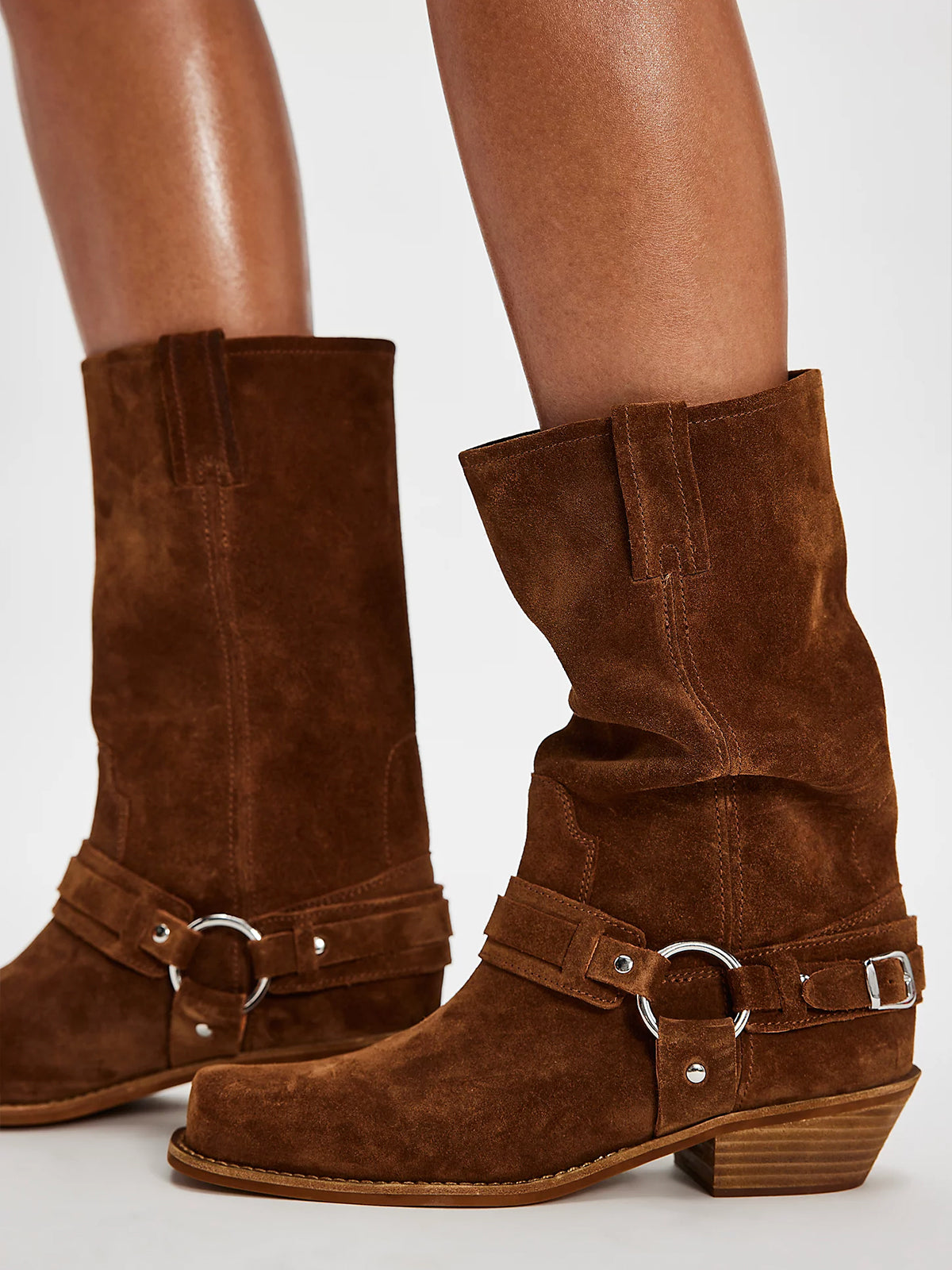 Coffee Faux Suede Square-Toe Ankle Buckle Straps Mid Calf Cowgirl Boots