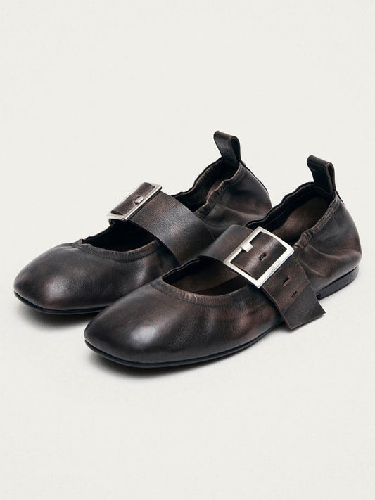 Brown Square-Toe Big Buckle Middle Strap Chic Ballet Flats
