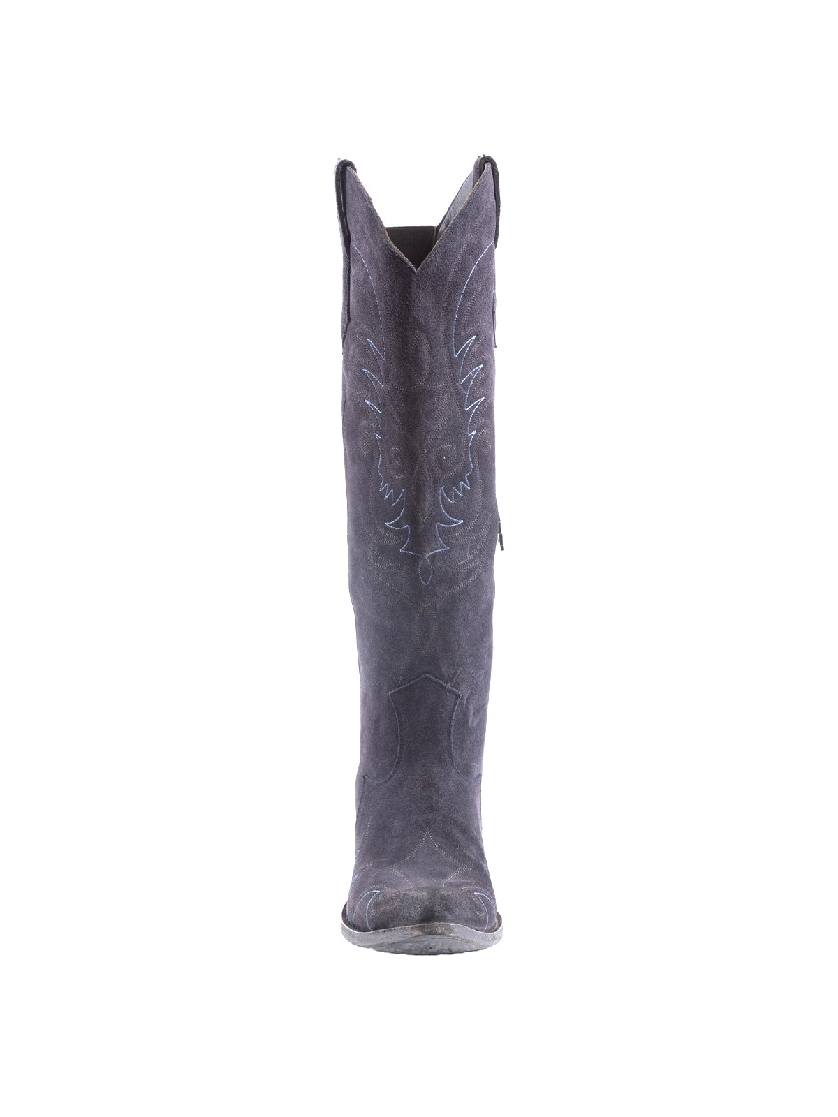 Side-Zip Pointed-Toe Chic Embroidery Wide Calf Knee High Cowgirl Boots - Navy