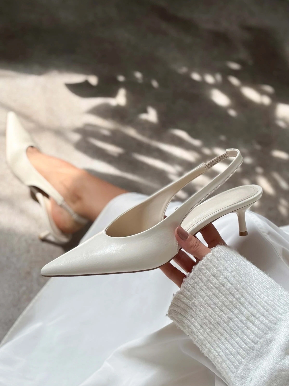 Slingback Pointed-Toe Kitten Heels - White