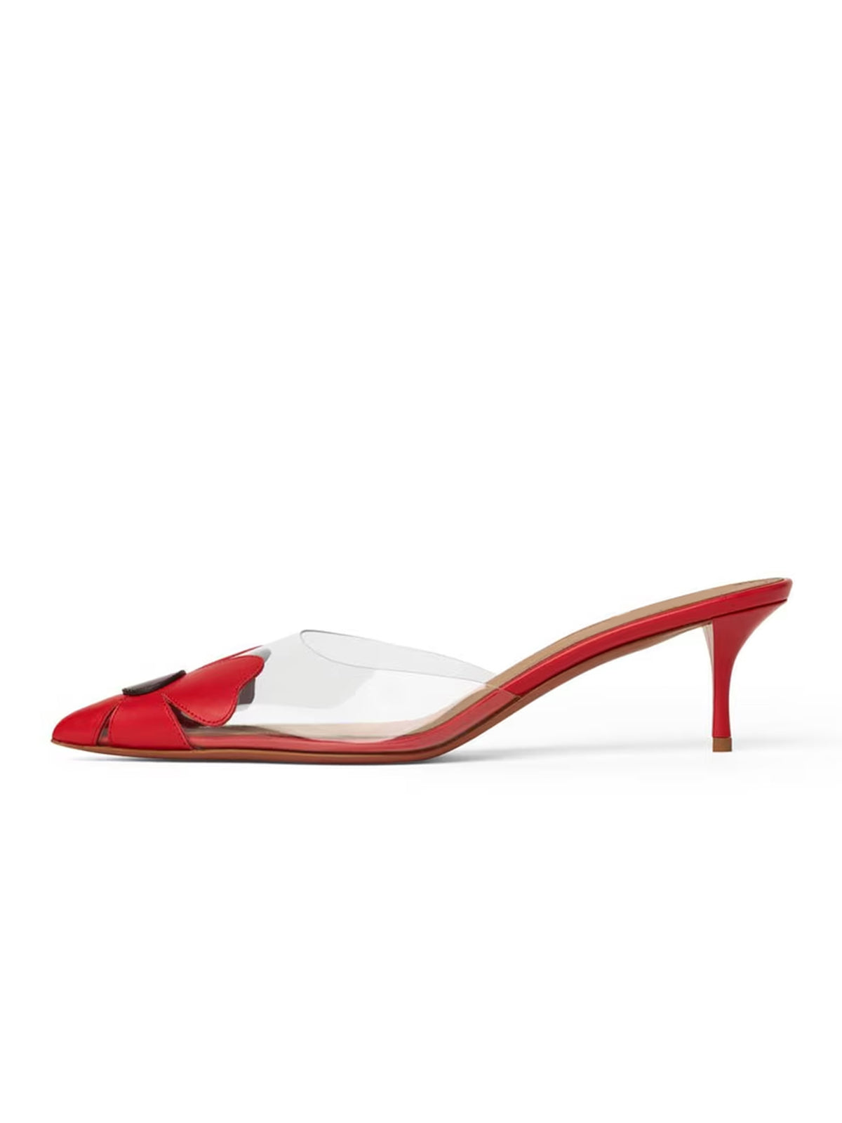 Patent Red Flower And TPU Transparent Film Pointed-Toe Slip-On Kitten Heels