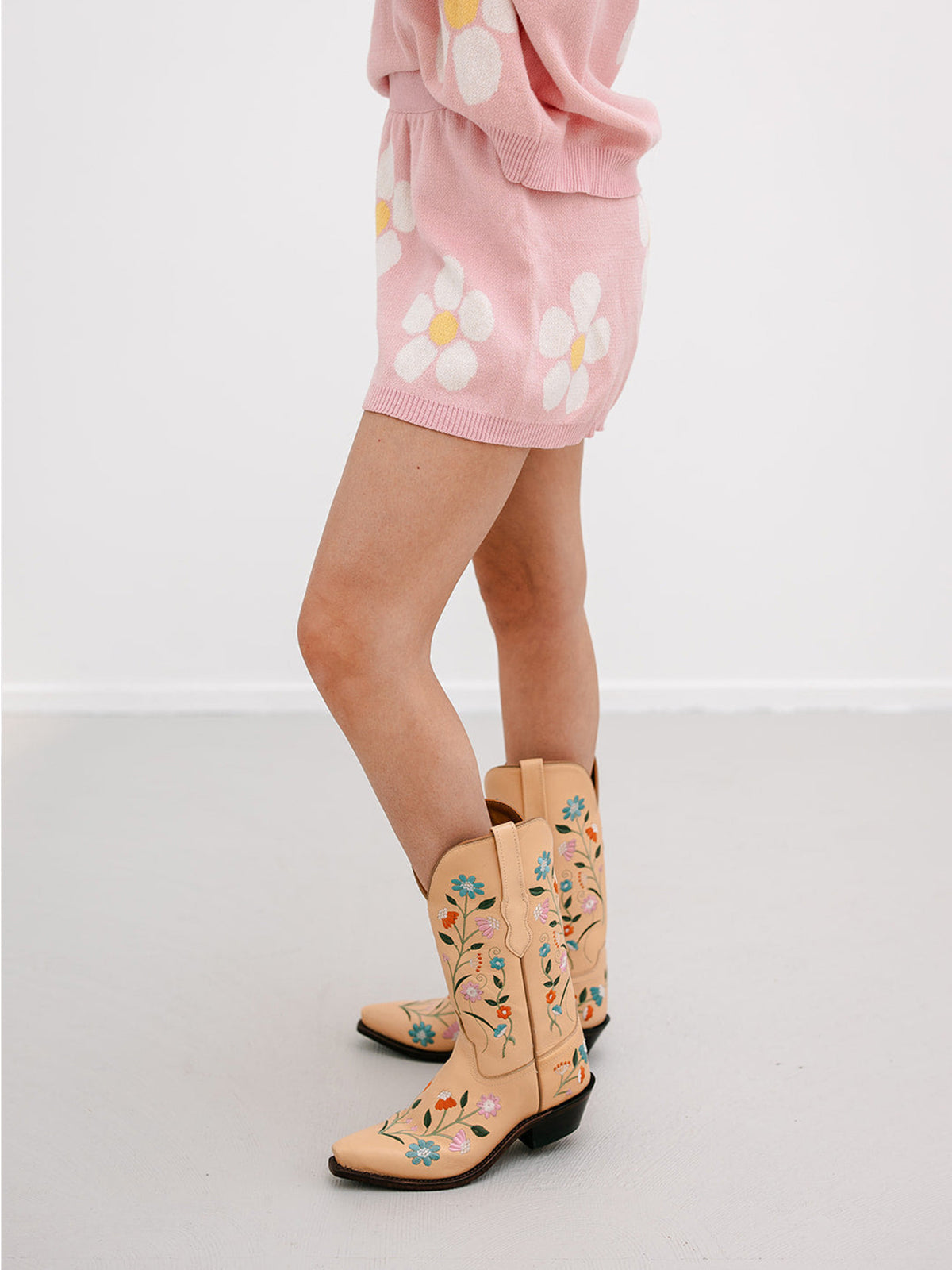 Yellow Floral Embroidery Snip-Toe Wide Mid Calf Cowgirl Boots