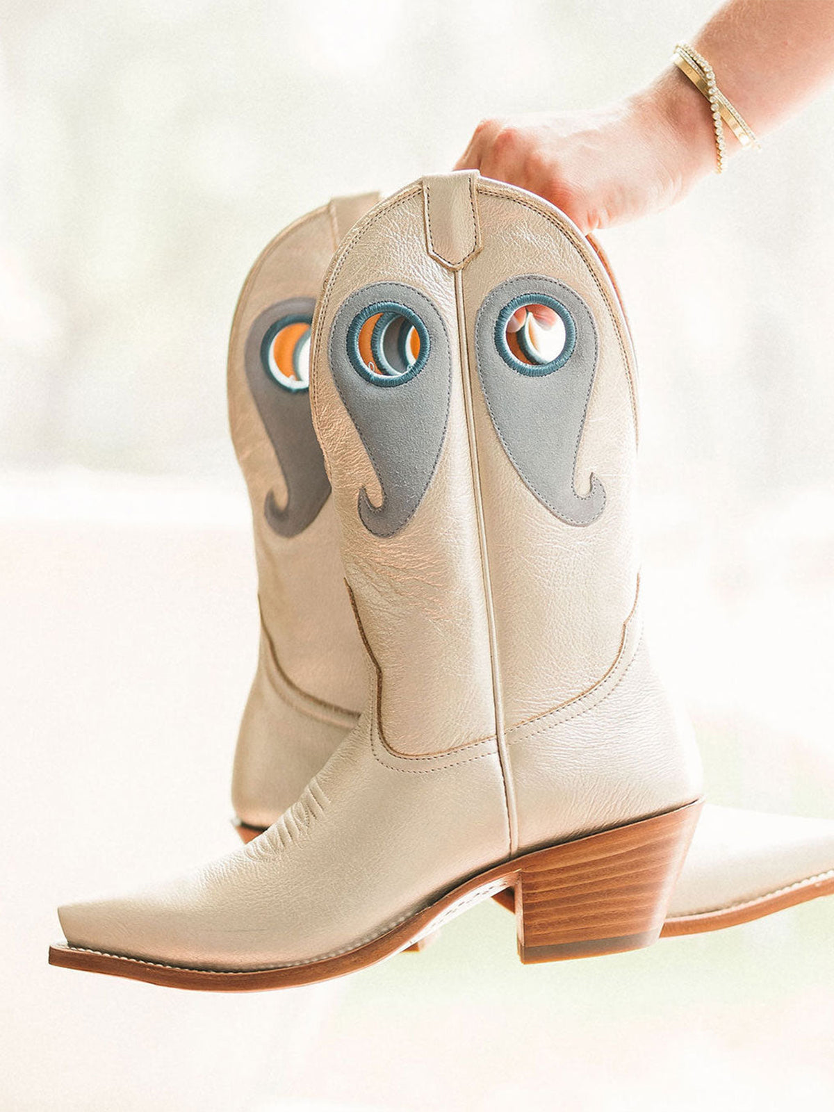 Contrast Metallic Gold And Blue Paisley Cutout Snip-Toe Mid Calf Cowgirl Boots