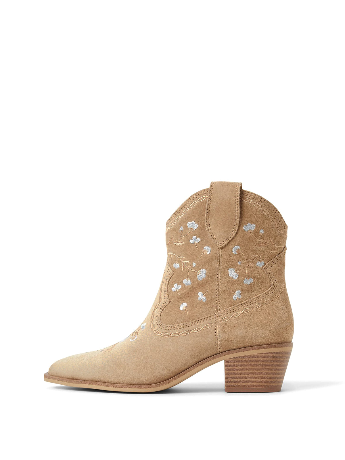 Beige Faux Suede Almond-Toe Floral Embroidery Ankle Cowgirl Boots