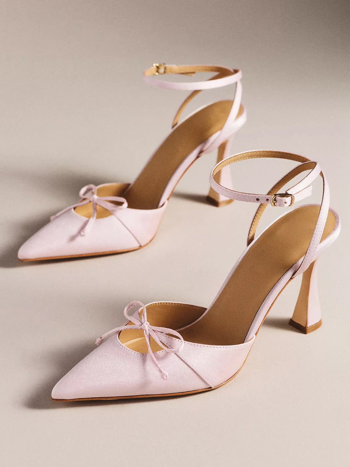 Pink Satin Pointed-Toe Front Bow Back And Ankle Strap High Heels