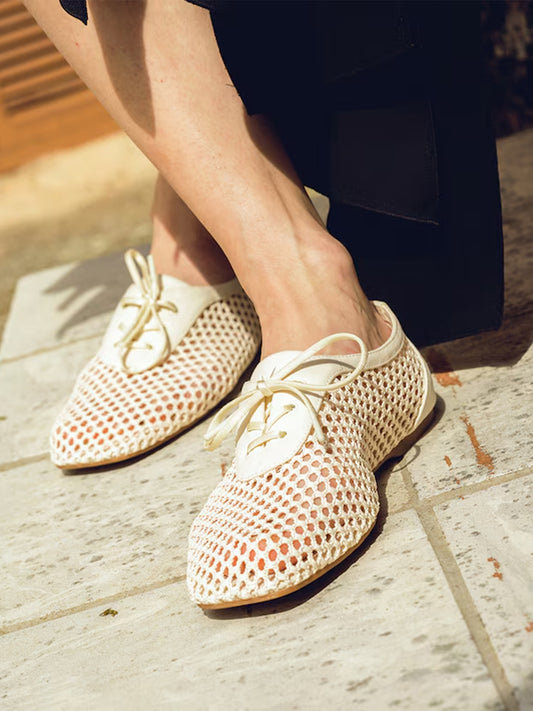 Cream Grass Woven And Faux Suede Square-Toe Lace-Up Chic Flats
