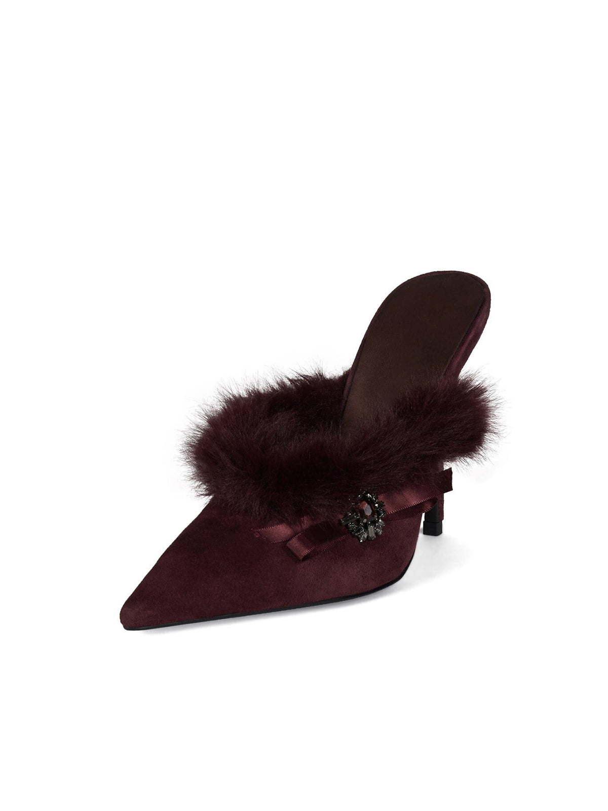 Wine Red Faux Suede Pointed-Toe Plush Detail Backless High Heels