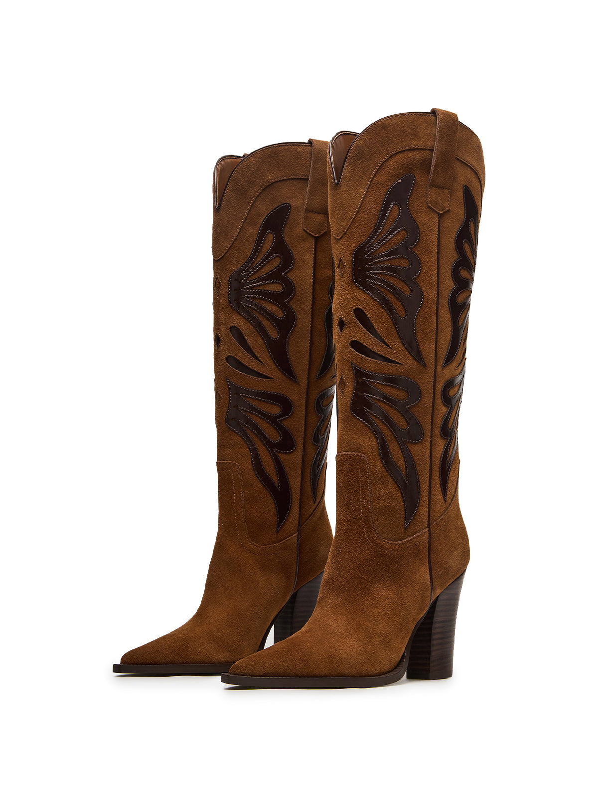 Contrast Brown Faux Suede And Black Pointed-Toe Wings Applique Knee High Cowgirl Boots