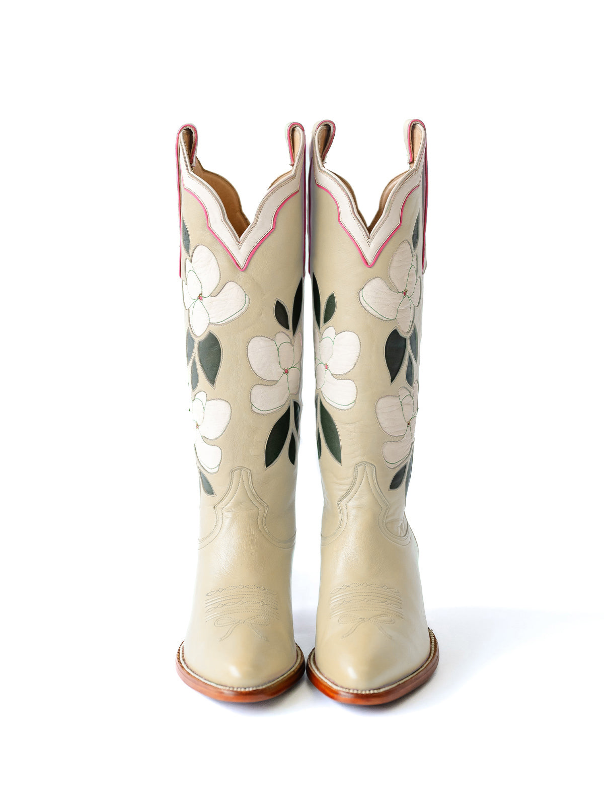 Cream Almond-Toe White Flower Inlay Wide Calf Knee High Cowgirl Boots