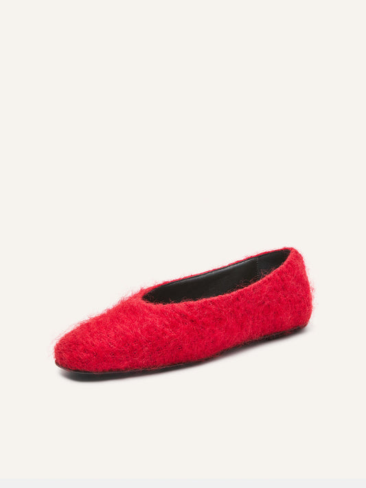 Red Plush Square-Toe Classic Ballet Flats