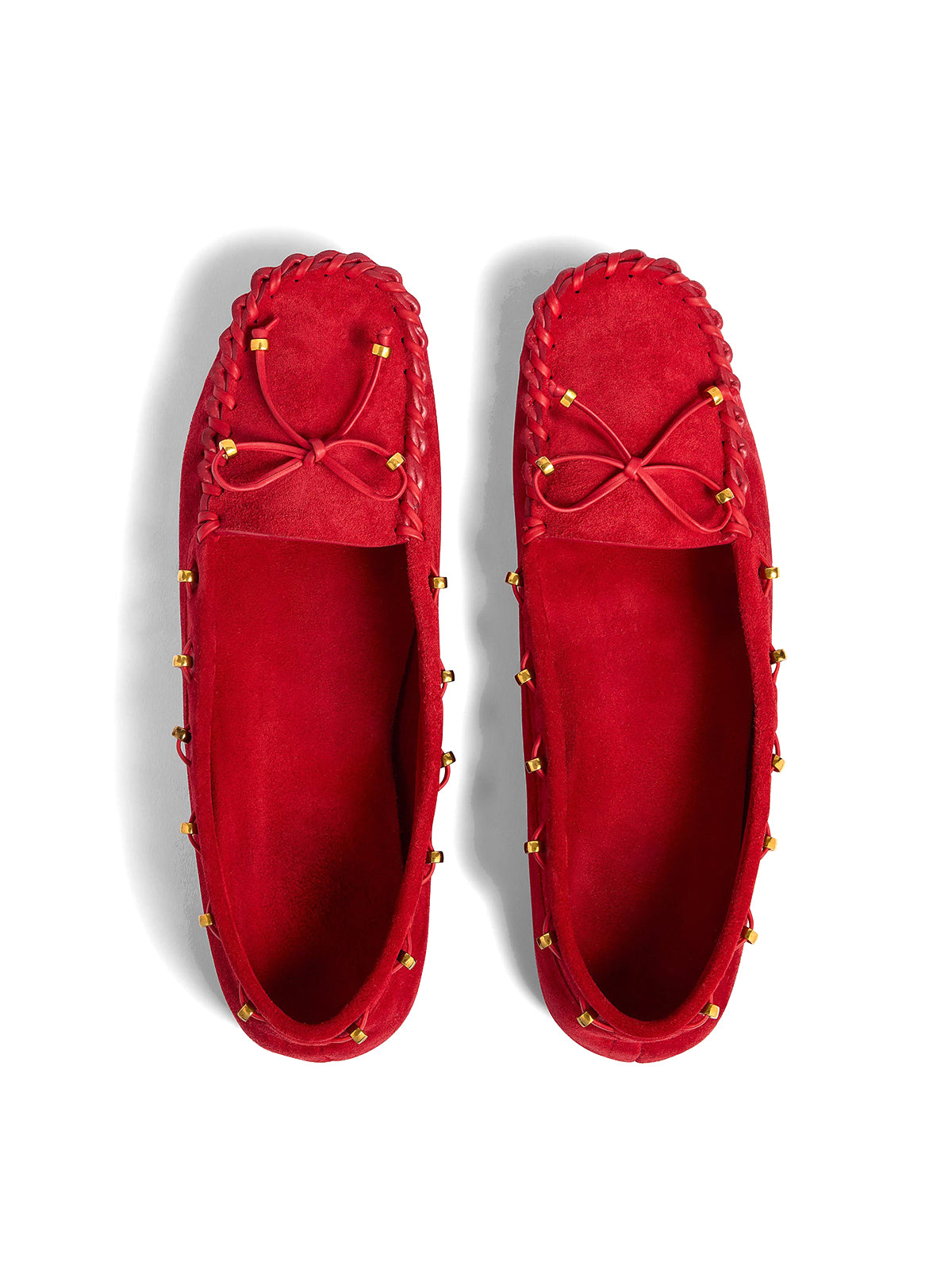 Red Cow Suede Square-Toe Running Stitch And Front Bow Flats