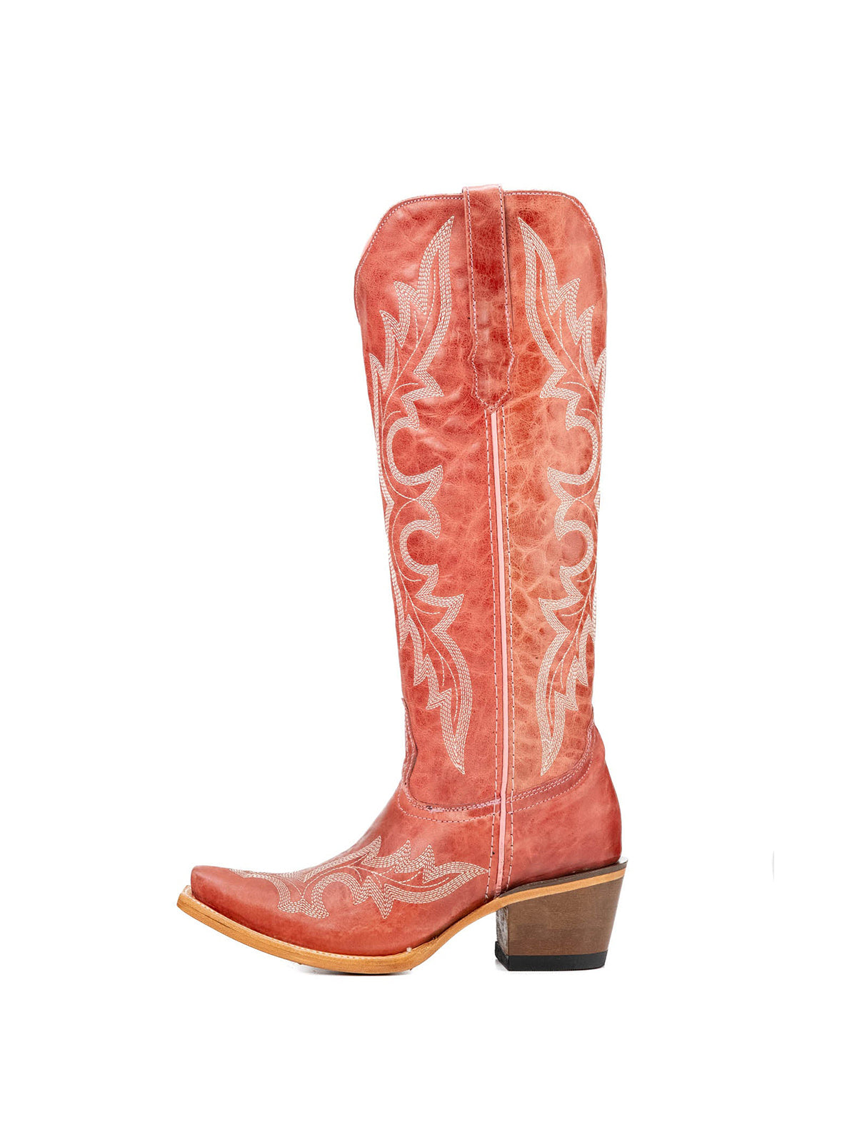 Distressed Pink Snip-Toe Half-Zip Classic Embroidery Knee High Tall Cowgirl Boots