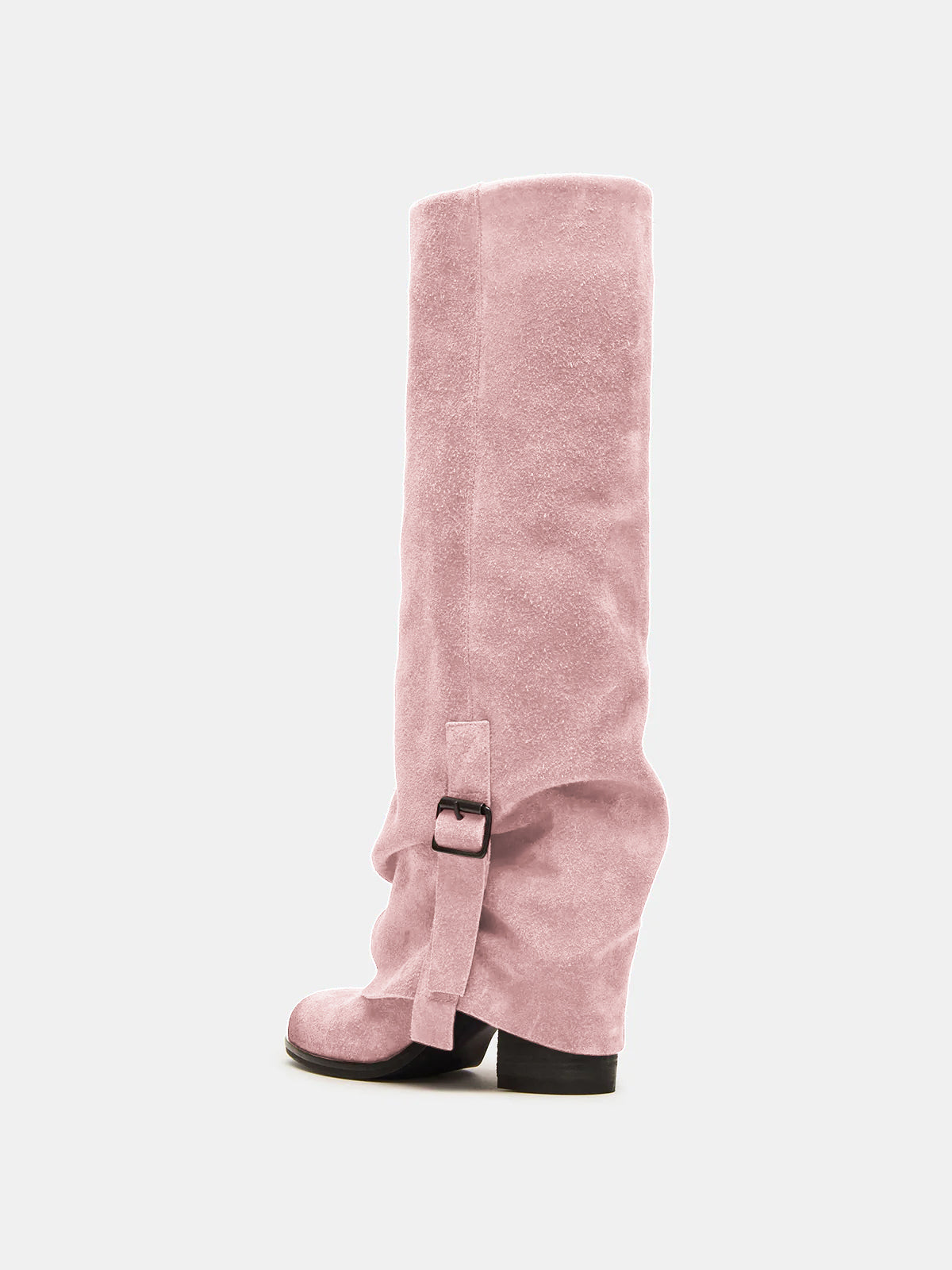Pink Faux Suede Round-Toe Fold-Over Adjustable Buckle Knee High Cowgirl Boots