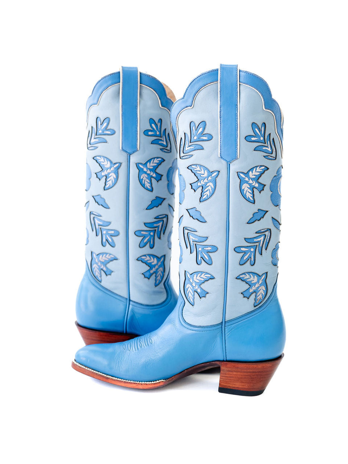 Blue Round-Toe Birds Leaves Flowers Inlay Wide Calf Knee High Cowgirl Boots