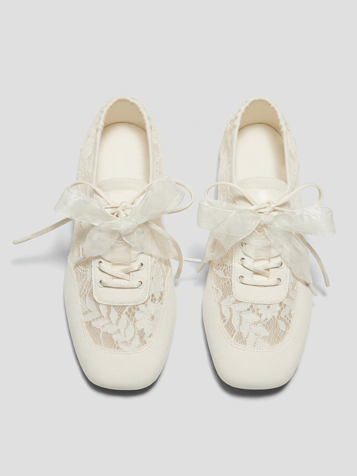 Cream Lace Mesh And Faux Suede Square-Toe Floral Embroidery Lace-Up Flats