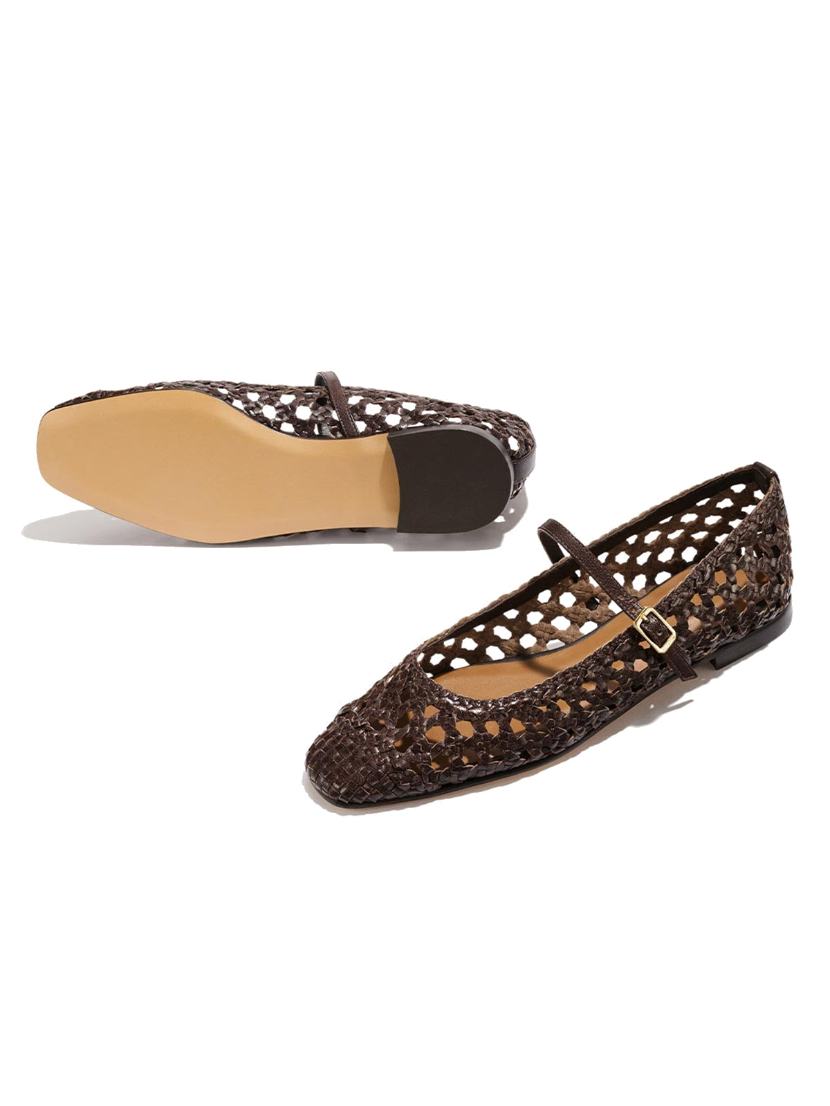 Coffee Woven Vegan Leather Square-Toe Chic Mary Jane Flats