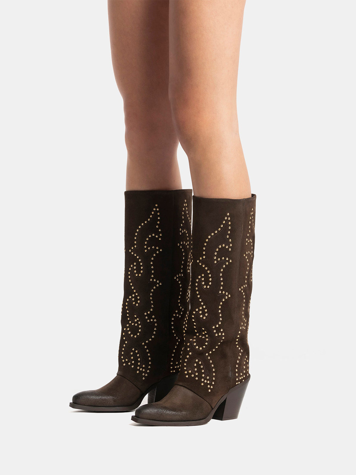 Brown Faux Suede Snip-Toe Embroidery Gold Studs Wide Calf Knee High Cowgirl Boots