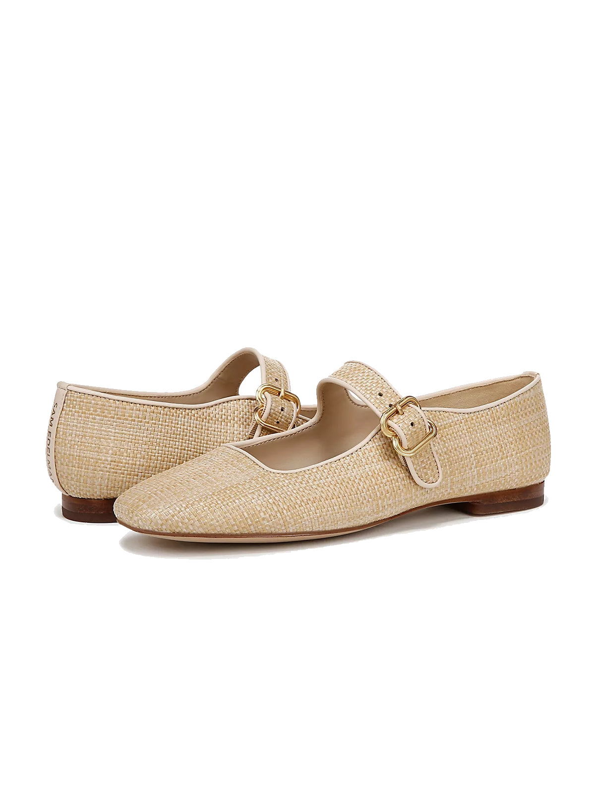 Beige Square-Toe Woven Bridge Strap Mary Jane Flats