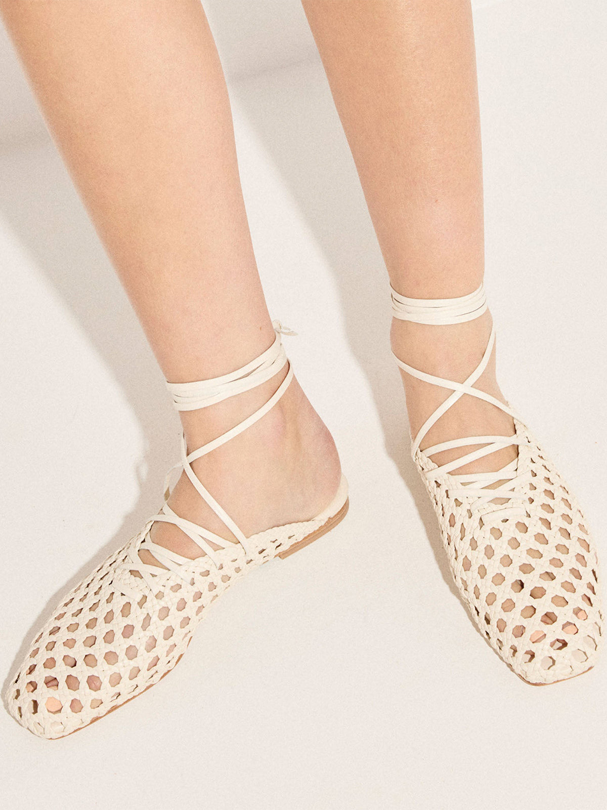 Woven Vegan Leather Square-Toe Ankle Lace-Up Backless Flats - Bone