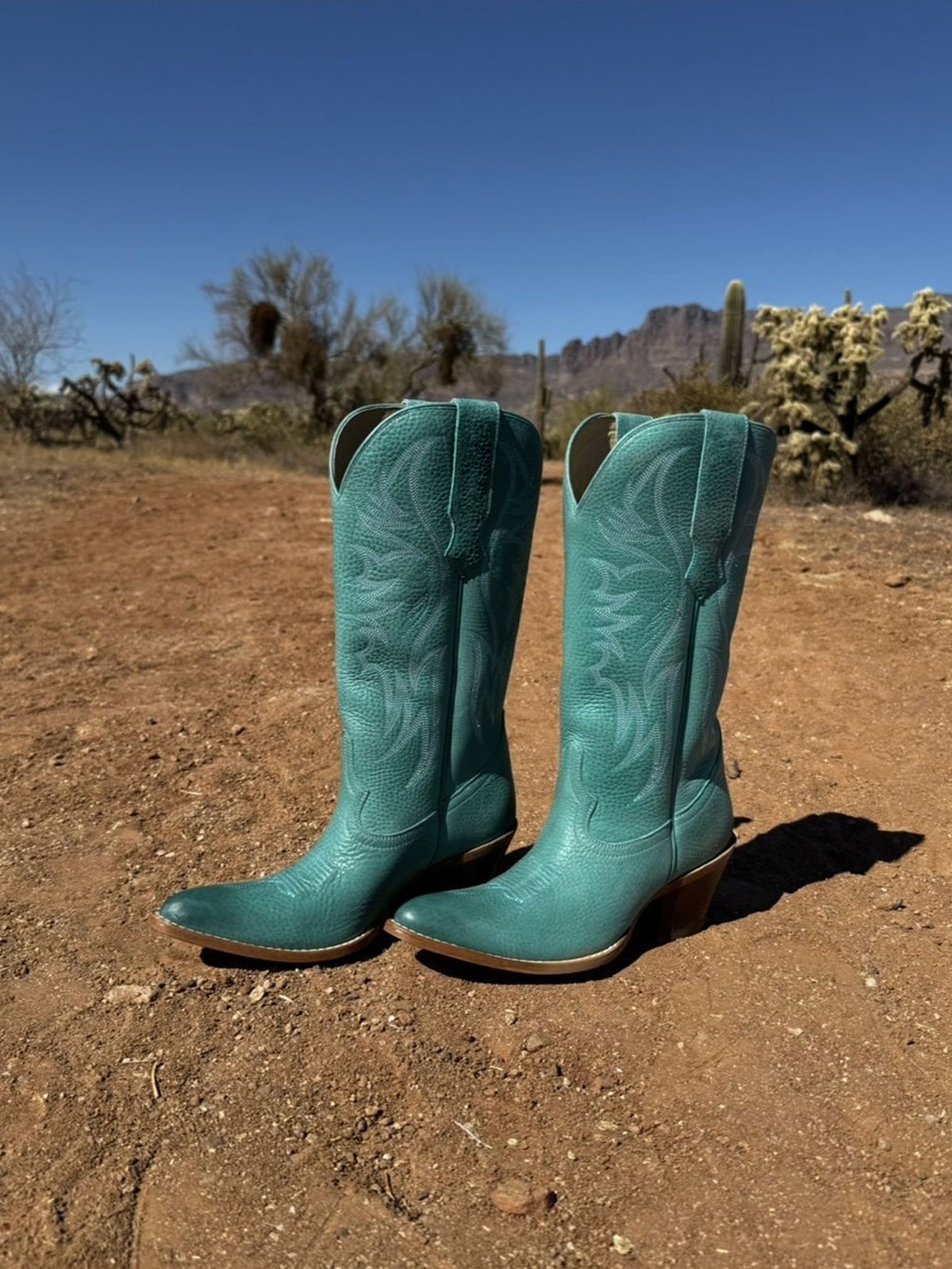 Distressed Turquoise Almond-Toe Embroidery Mid Calf Cowgirl Boots